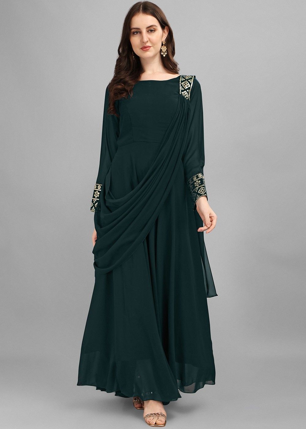 Embroidered Polyester Gown with attached Dupatta in Maroon : TCU60-hdcinema.vn
