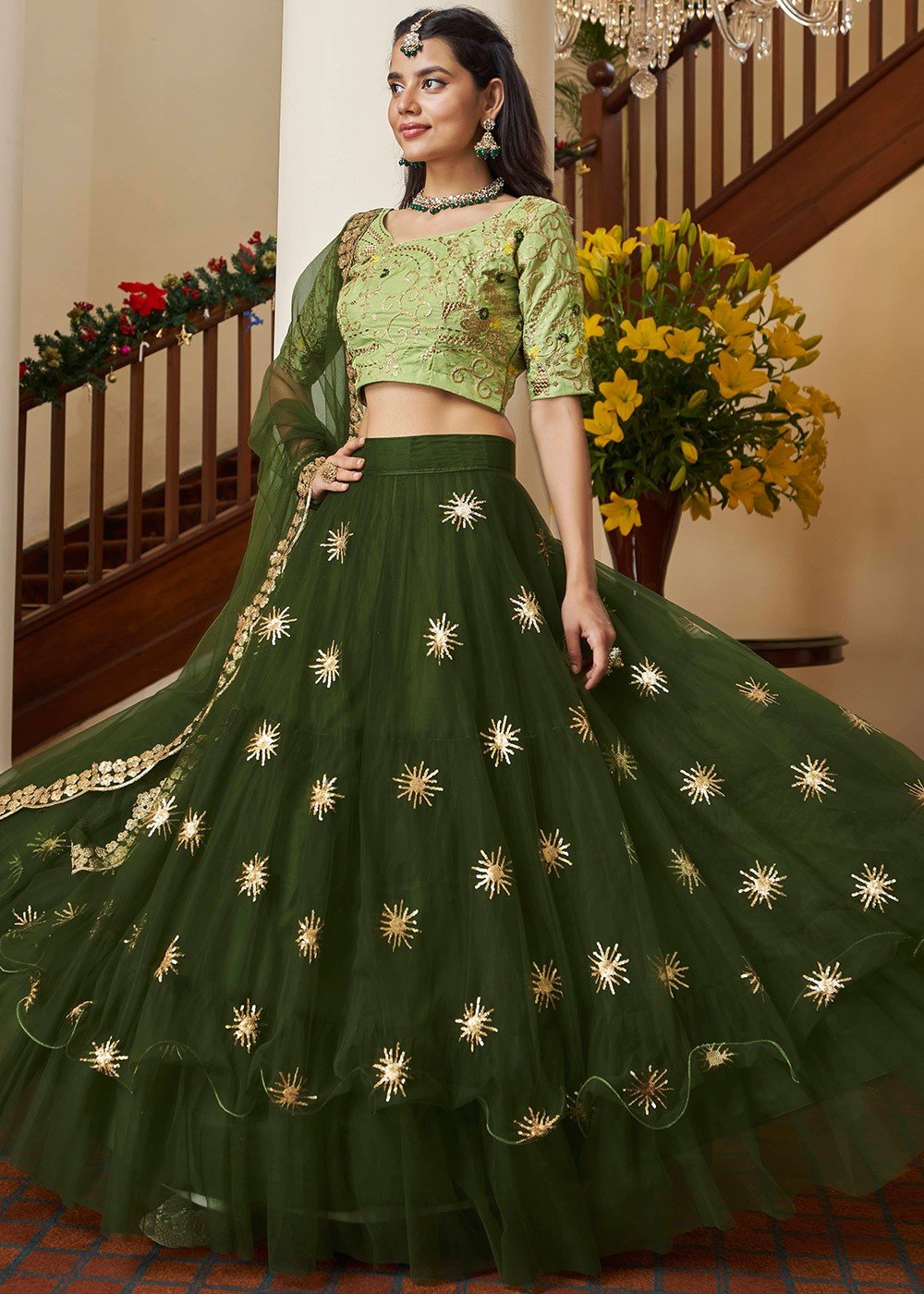 Neon green lehenga with mirrors and colorful sequins work – Ricco