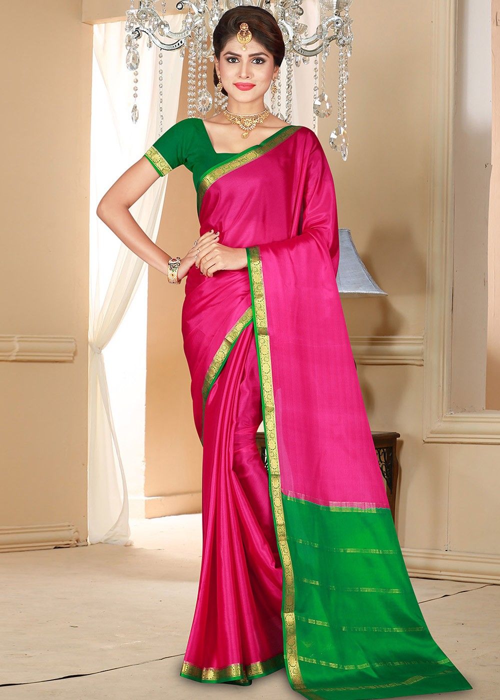 Ikkat Silk Saree Pink Green – pochampallysarees.com