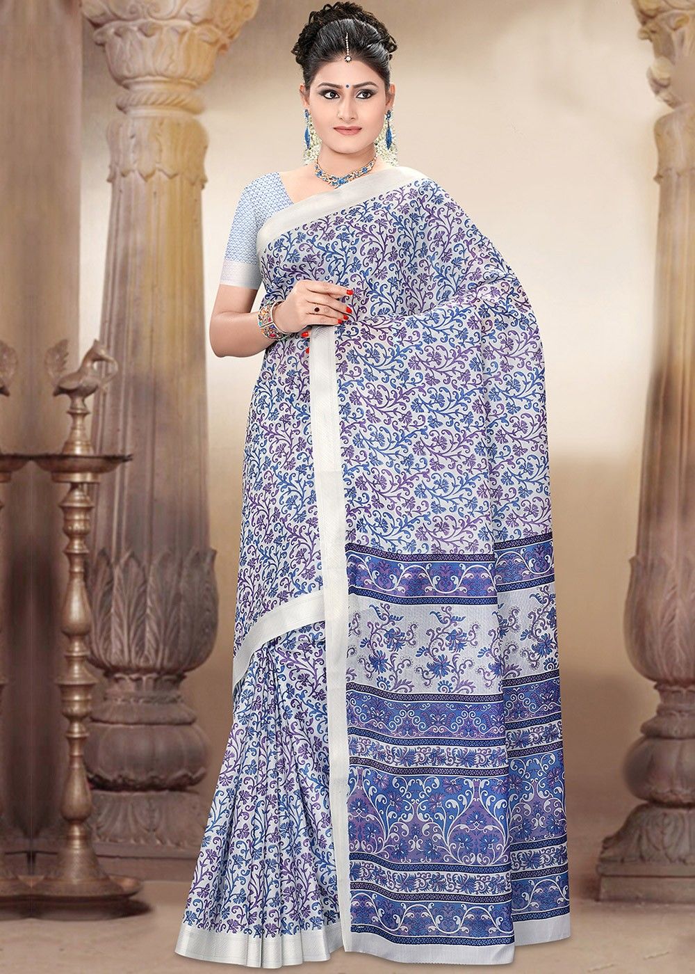 Royal Blue Block Printed Pure Silk Saree | Mirra clothing