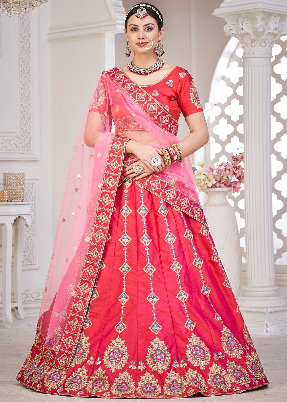 Stunning red and light pink ombre lehenga with cute pom pom bridal kaleere.  See more on wedmegood… | Indian bridal outfits, Indian bridal dress, Pink  bridal lehenga