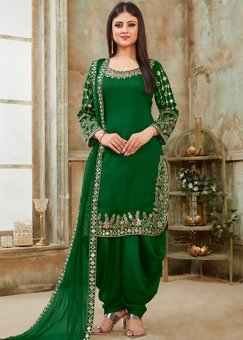 Amazon green cotton printed unstitched punjabi suit material with chiffon  dupatta | Kiran's Boutique