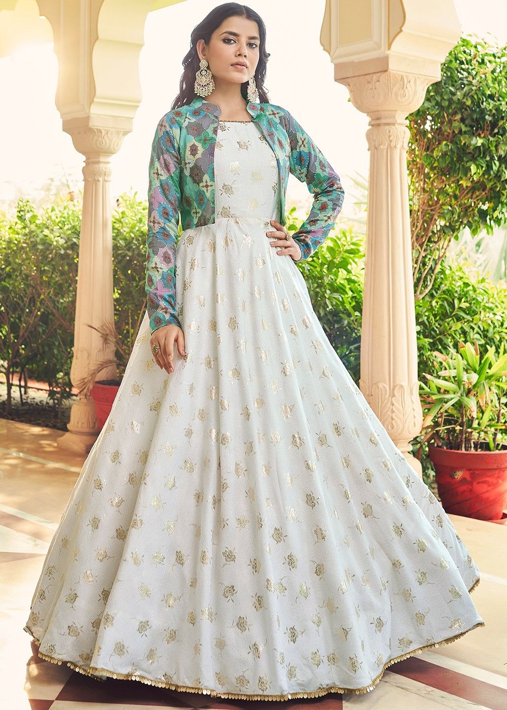 Buy Party Wear Off White Color Full Stitched Embroidered Work Taffeta Silk  Gown Dupatta For Women
