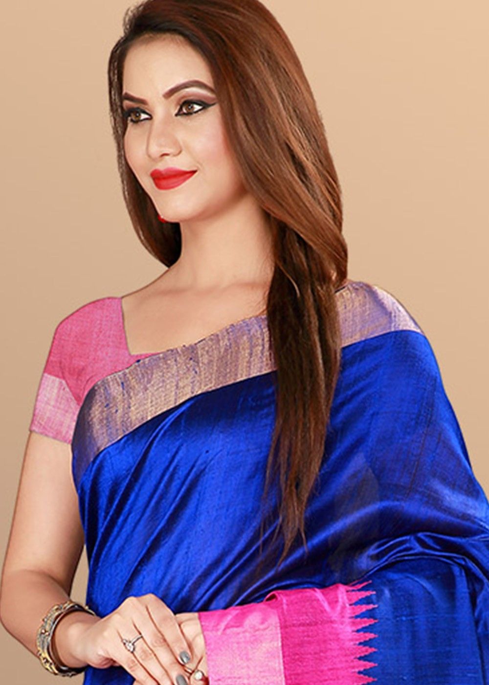 Blue and Pink Pure Silk Saree With Blouse Latest 2825SR09