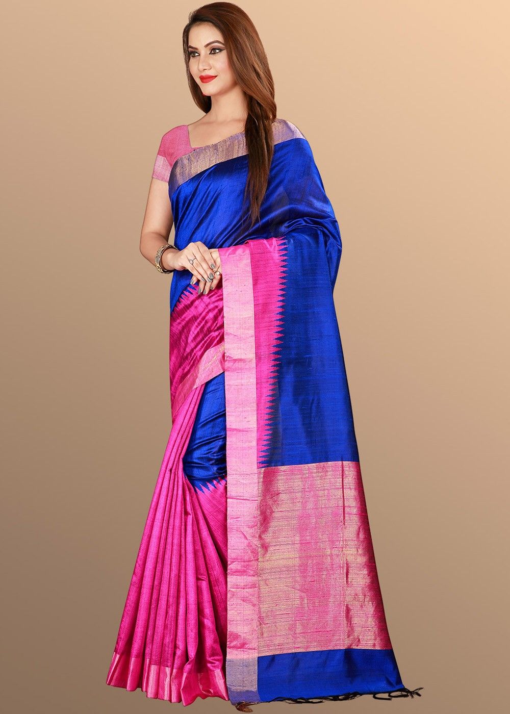 Pink kanchipuram silk saree with blue border  SAREEENVY
