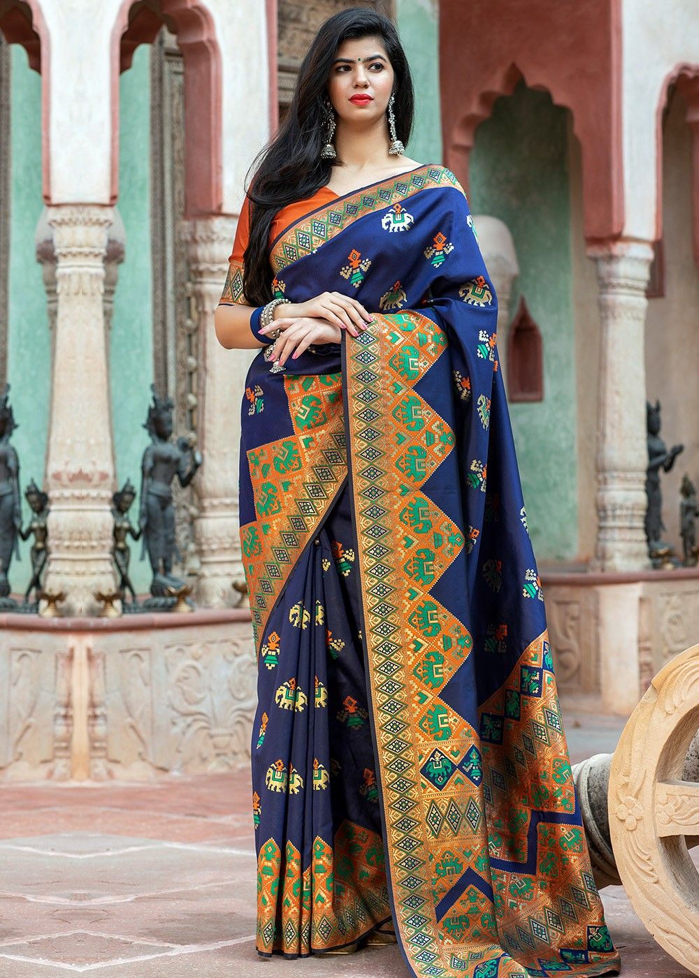 Party Wear Linen Saree with Floral Print Blue Color Printed Saree and Blouse SS