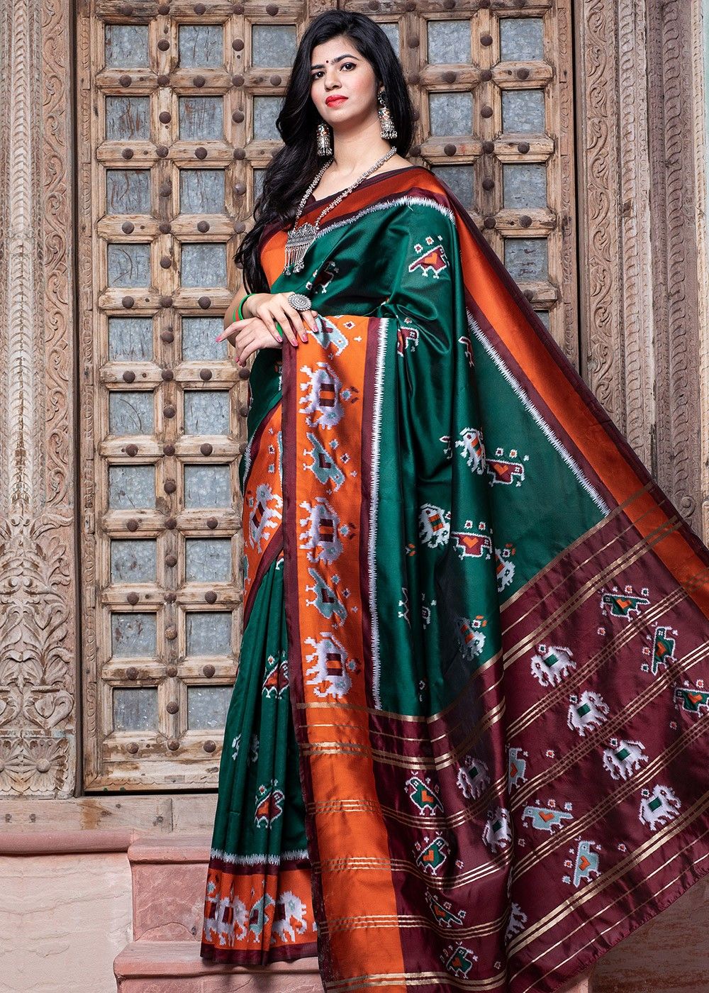 Buy Outstanding Green Patola Print Silk Trendy Saree - Zeel Clothing