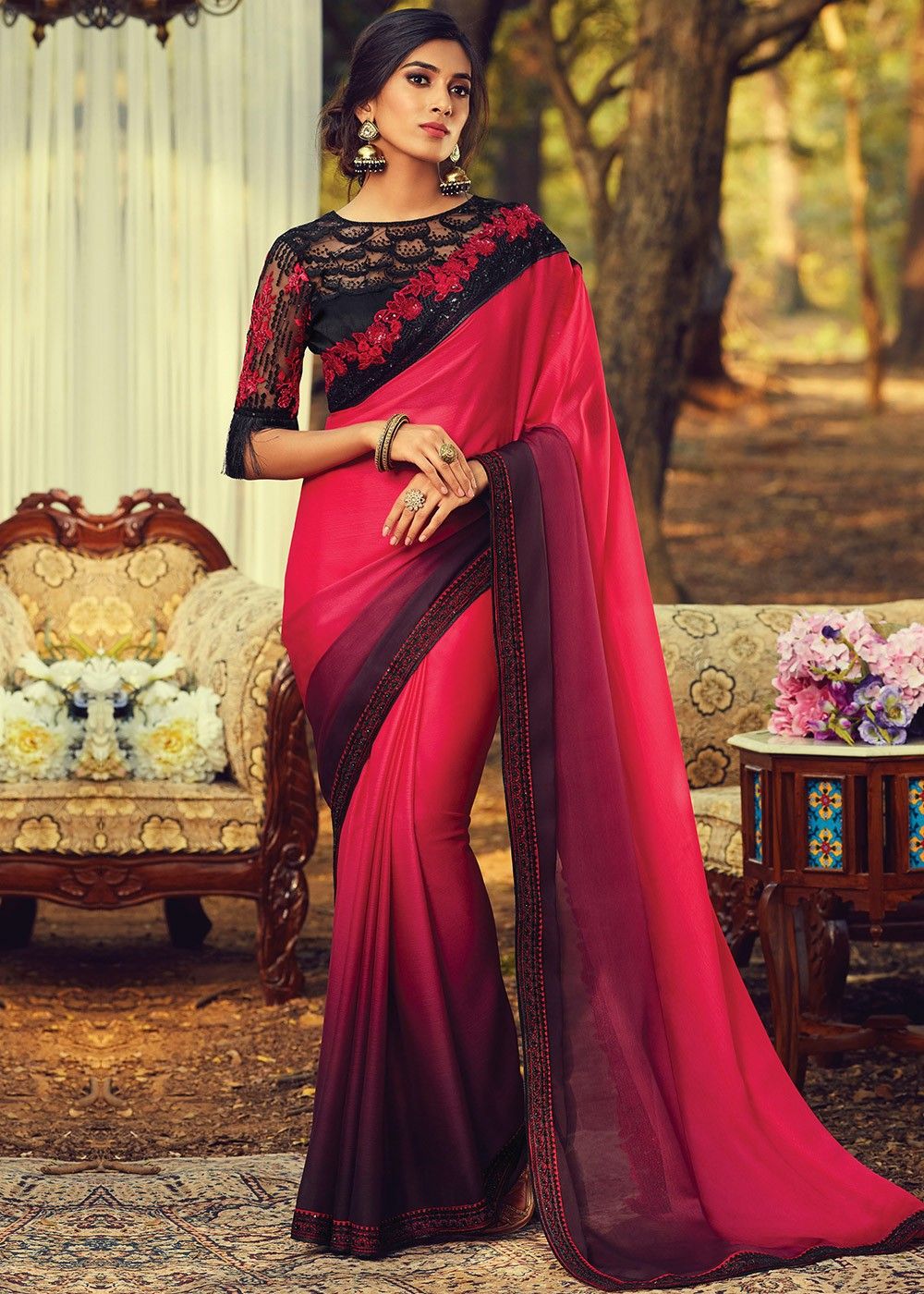 Pink Chiffon Saree With Black Blouse Piece For Women/Girls
