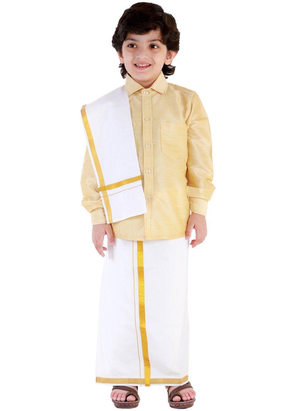 Boys Silk Cotton Dhoti Set, Kids Cream Color Shirt