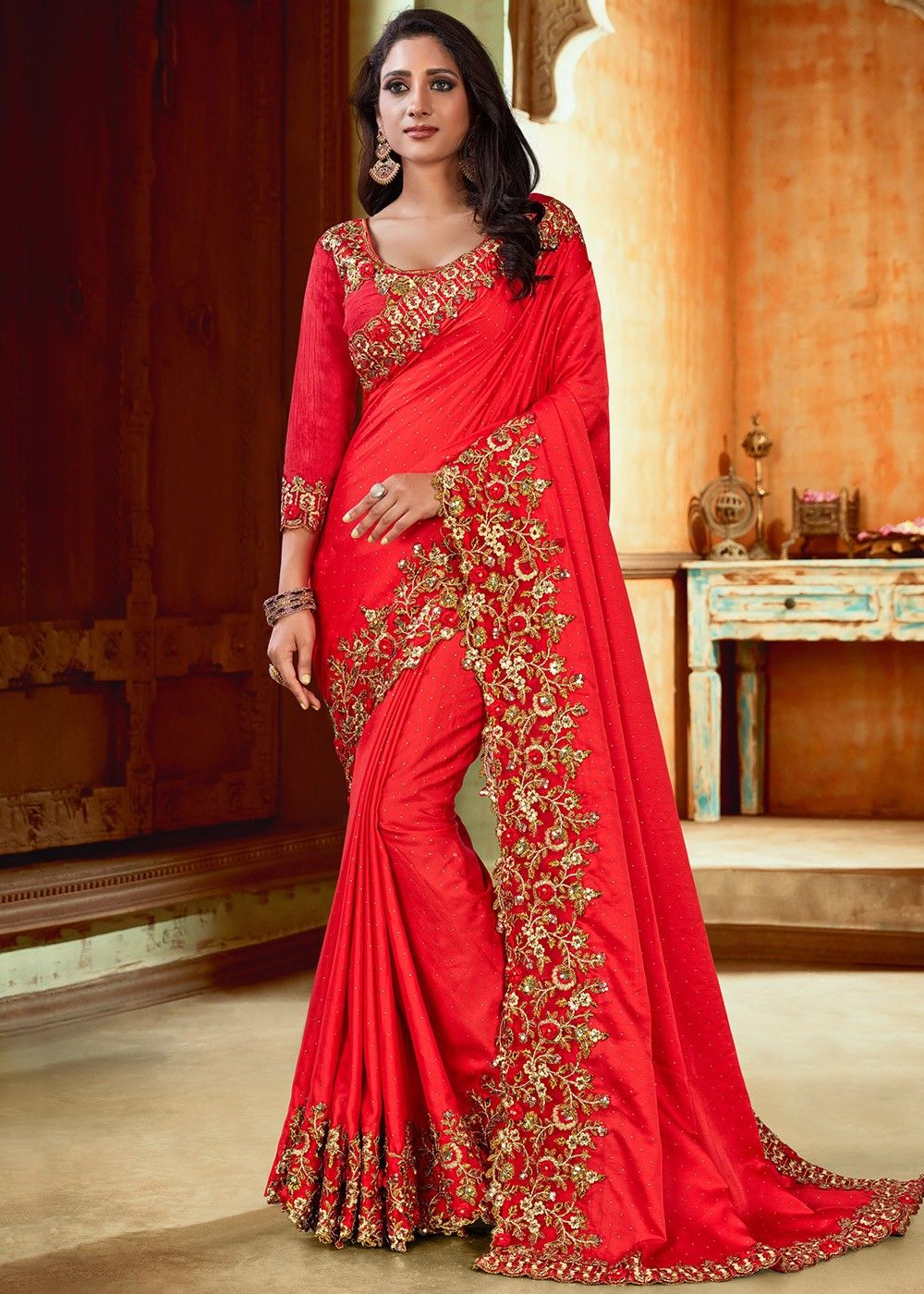 Red Satin Heavy Border Embroidered Bridal Saree 2863SR03