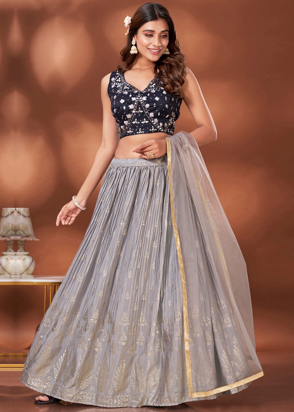Grey and Pink Lucknowi Mirror Lehenga Set – TheStylease.com