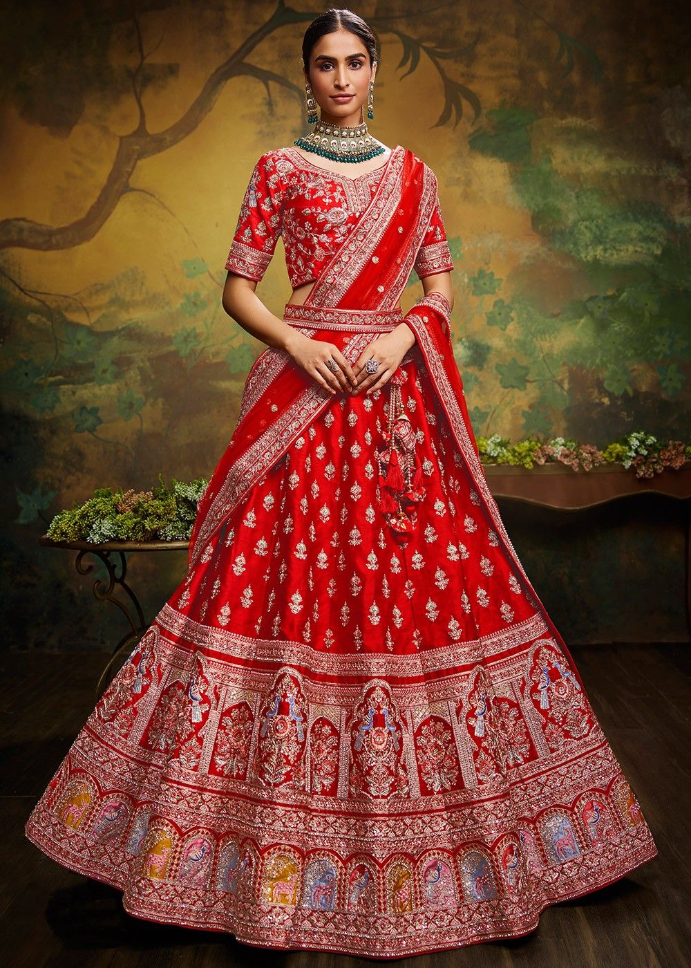 Red Bridal Embroidered Lehenga Choli In Silk