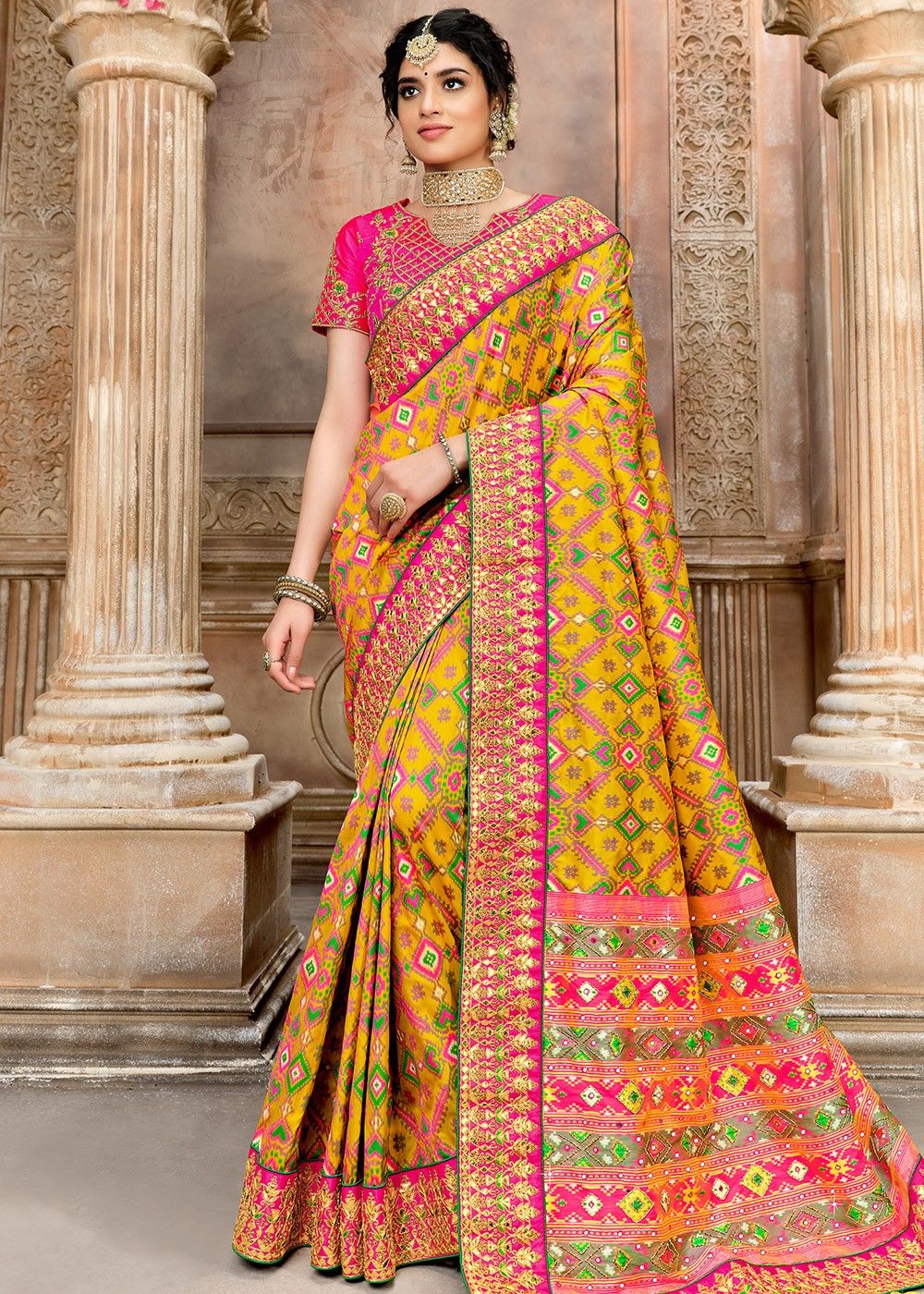 Indian Sari Saree & Blouse Bollywood Party Wear Yellow Woven Crepe Silk 1378 