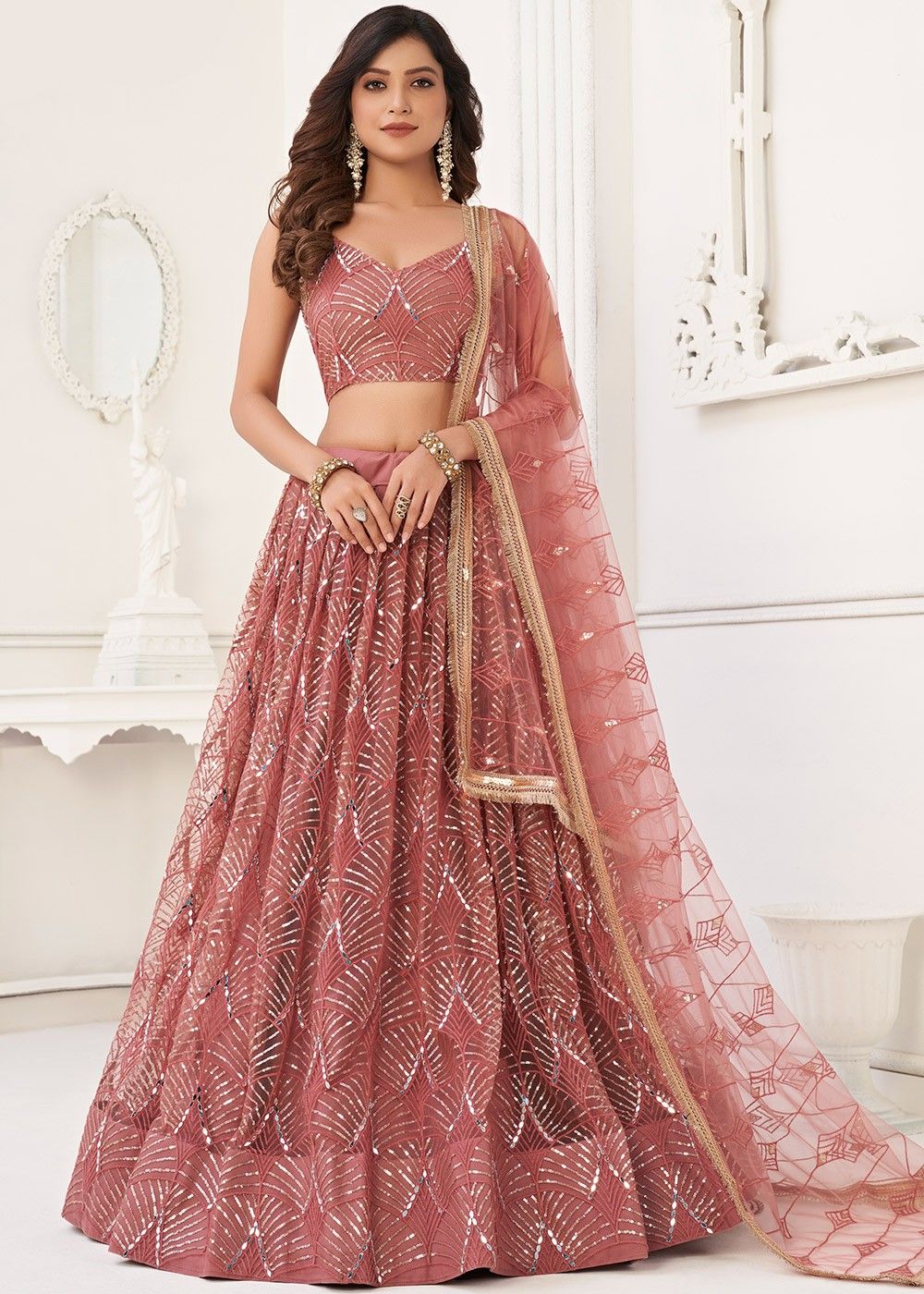 Dusty Pink Net Lehenga Choli In Sequins Embroidery