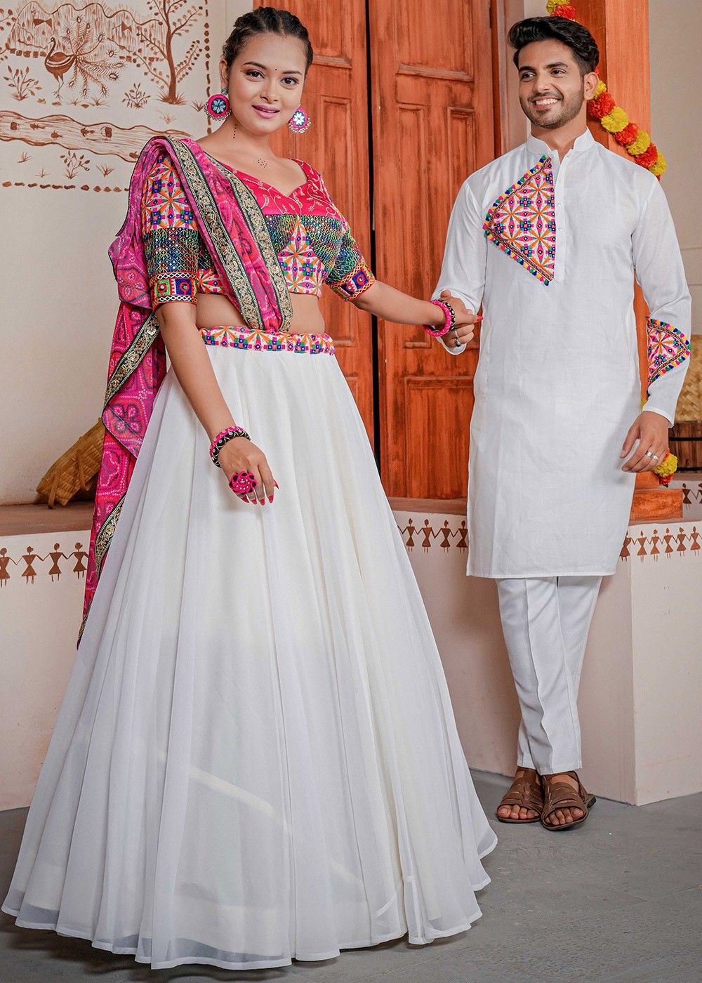 Pink Silk Saree and Kurta Pajama: Buy Couple Dress Online