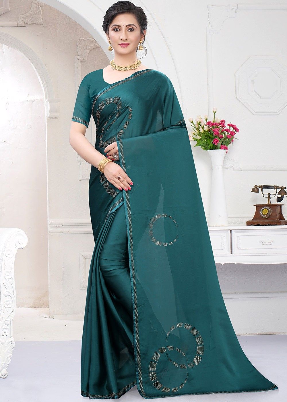 Green Stone Work Saree With Blouse 2899SR08