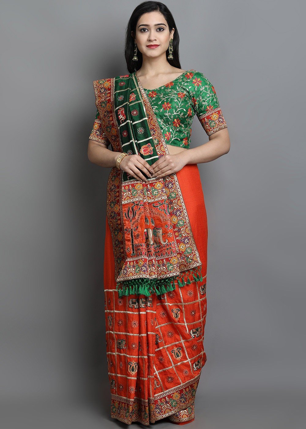 Orange Banarasi Silk Jacquard Half Saree With Contrast Maroon Color Bo
