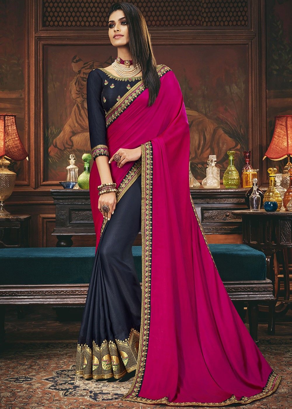 Buy Awesome Woven Dharmavaram Jacquard Saree Dark Blue Online at Best  Prices in India  JioMart