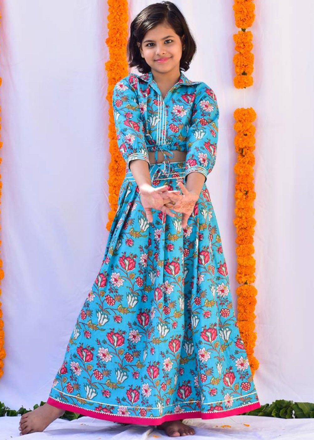 Buy Blue Floral Lehenga Choli with Drape Dupatta Online at Best Price |  Cbazaar