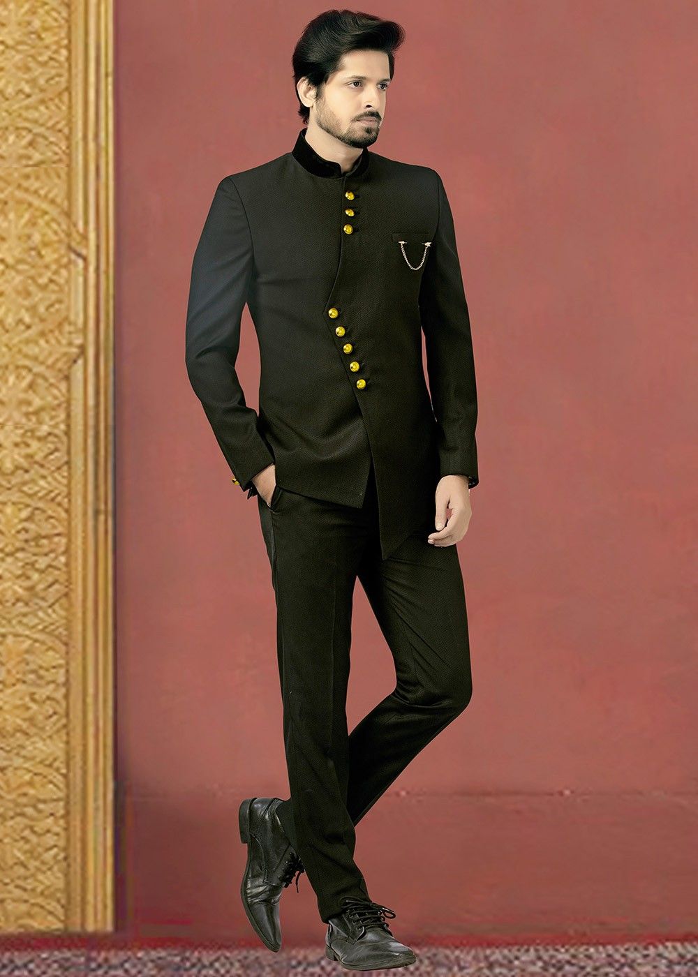 Black Asymmetric Rayon Bandhgala Jodhpuri Suit Latest 298mw02 black asymmetric rayon bandhgala jodhpuri suit