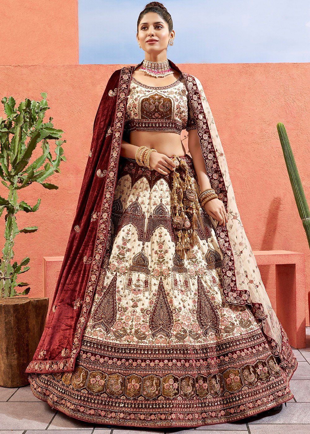 Indian Wedding Saree - Bangalore silk maroon lehenga choli with a cream  dupatta jazzed up in stone, zari, thread. . . Price: US$ 37.80 . . Product  Code: 1659631 . . #indianweddingsaree #