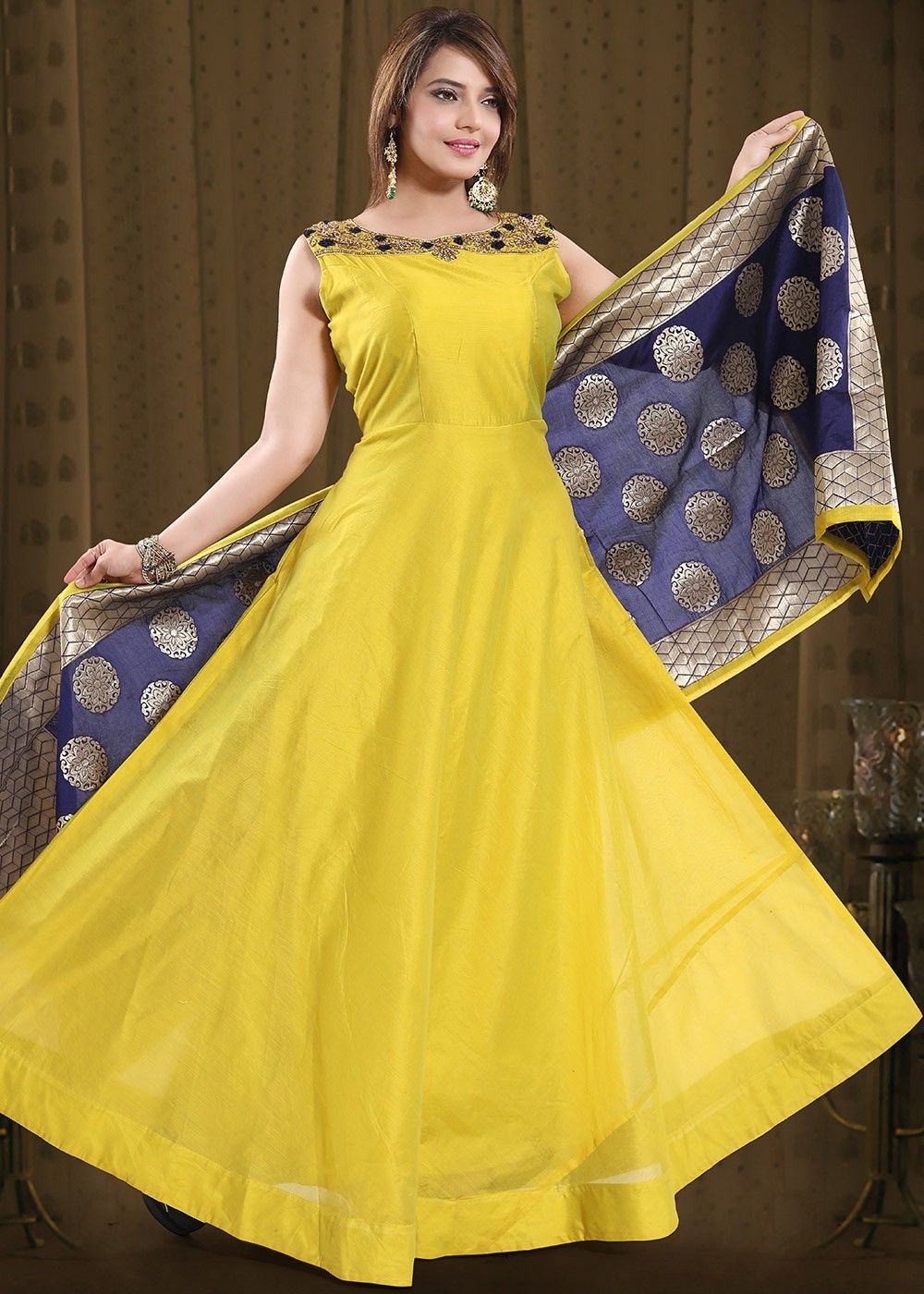 Fancy Chanderi Mustard Floor Length Anarkali Suit buy online 