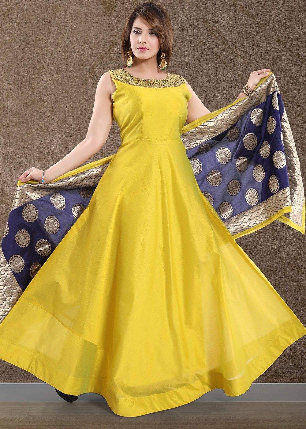Readymade Yellow Anarkali Suit With Woven Dupatta Latest 3015SL10