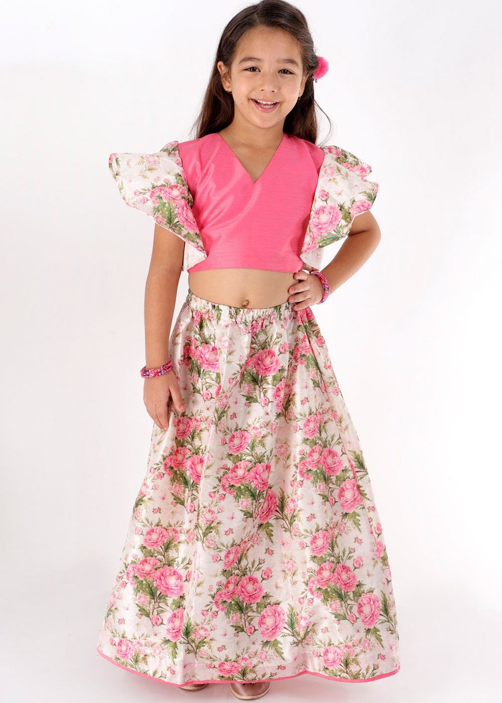 PEACH FLORAL PRINT, BEADS, SEQUINS AND BANARAS WORK LEHENGA CHOLI FOR GIRLS  | Kids designer dresses, Indian dresses for kids, Girls dresses sewing