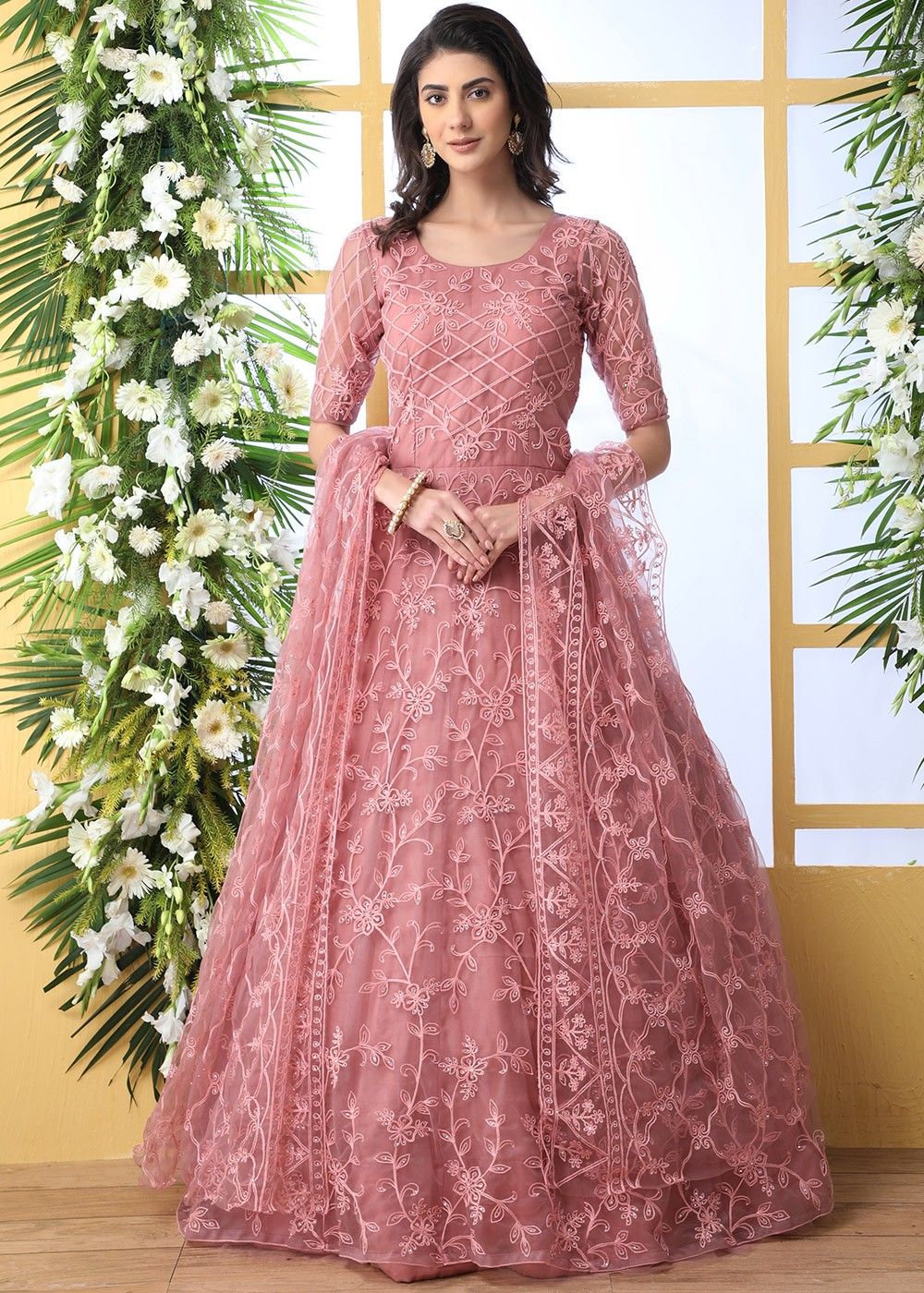 Pink Net Embroidered Anarkali Suit - TYPES OF ANARKALI DRESS