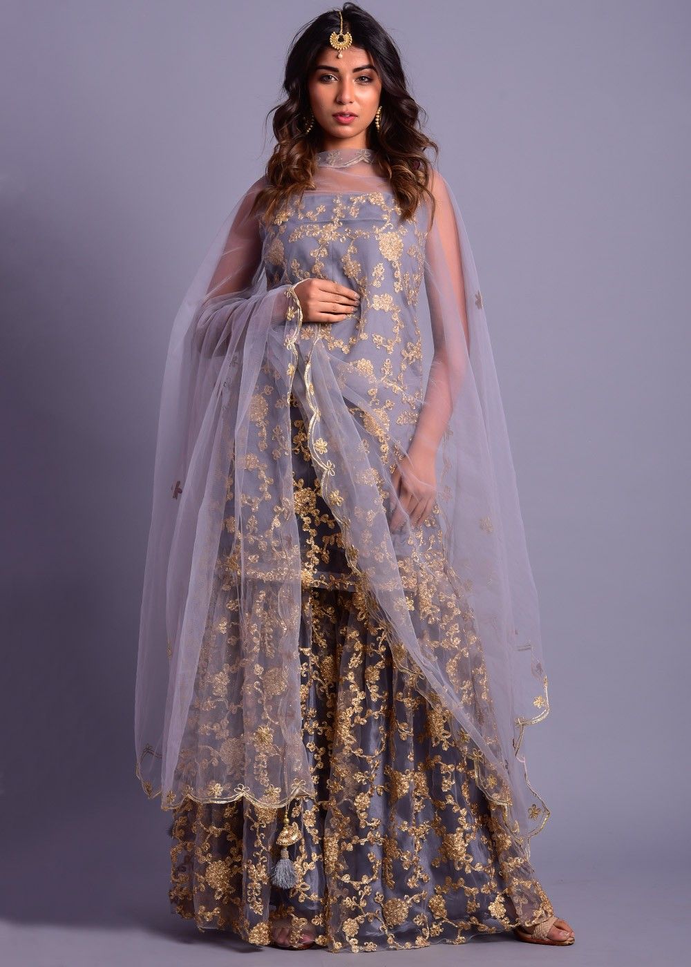 Grey Embroidered Readymade Gharara Suit ...