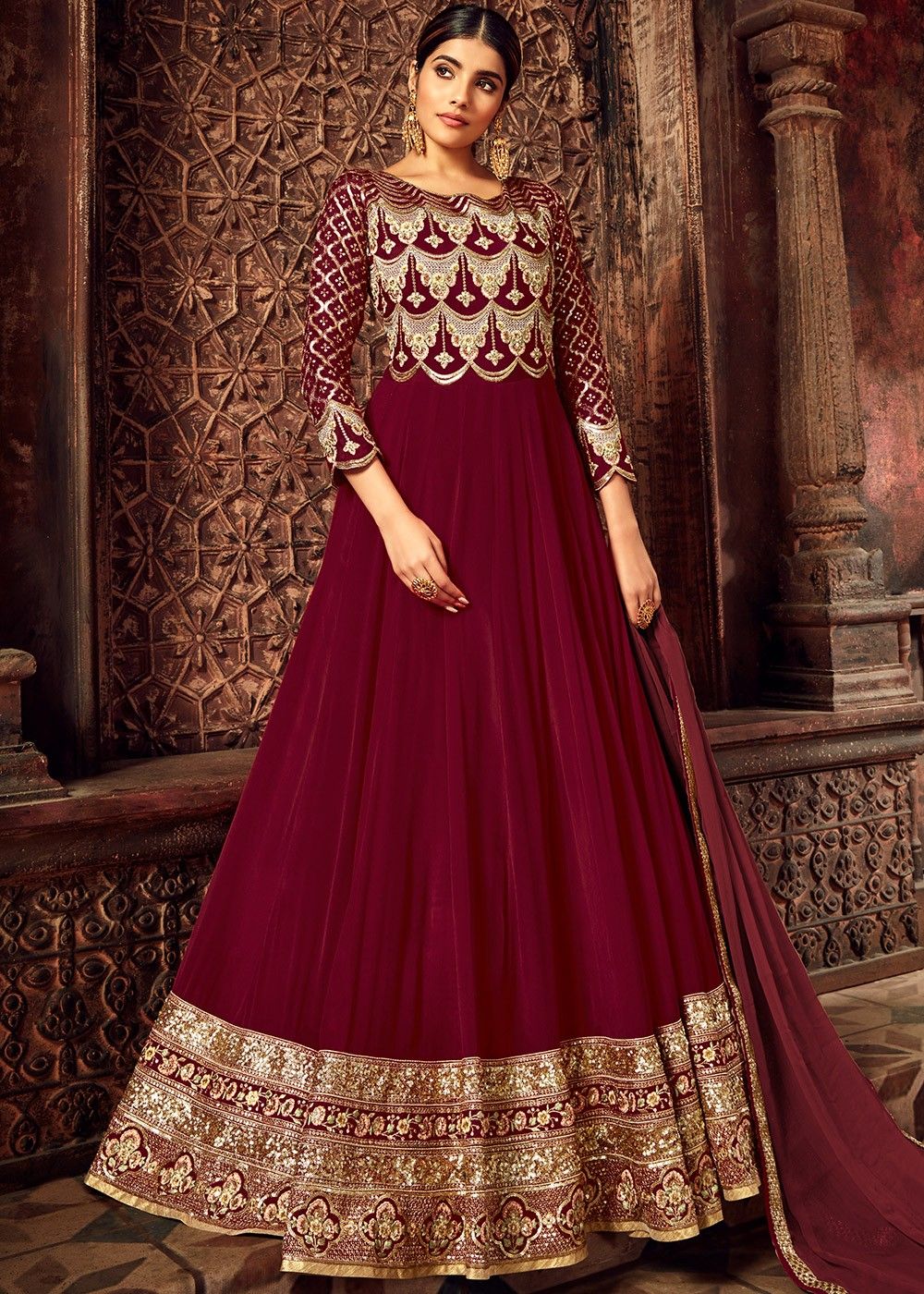 Buy Maroon Lucknowi Embroidered Anarkali Suit In USA, UK, Canada,  Australia, Newzeland online