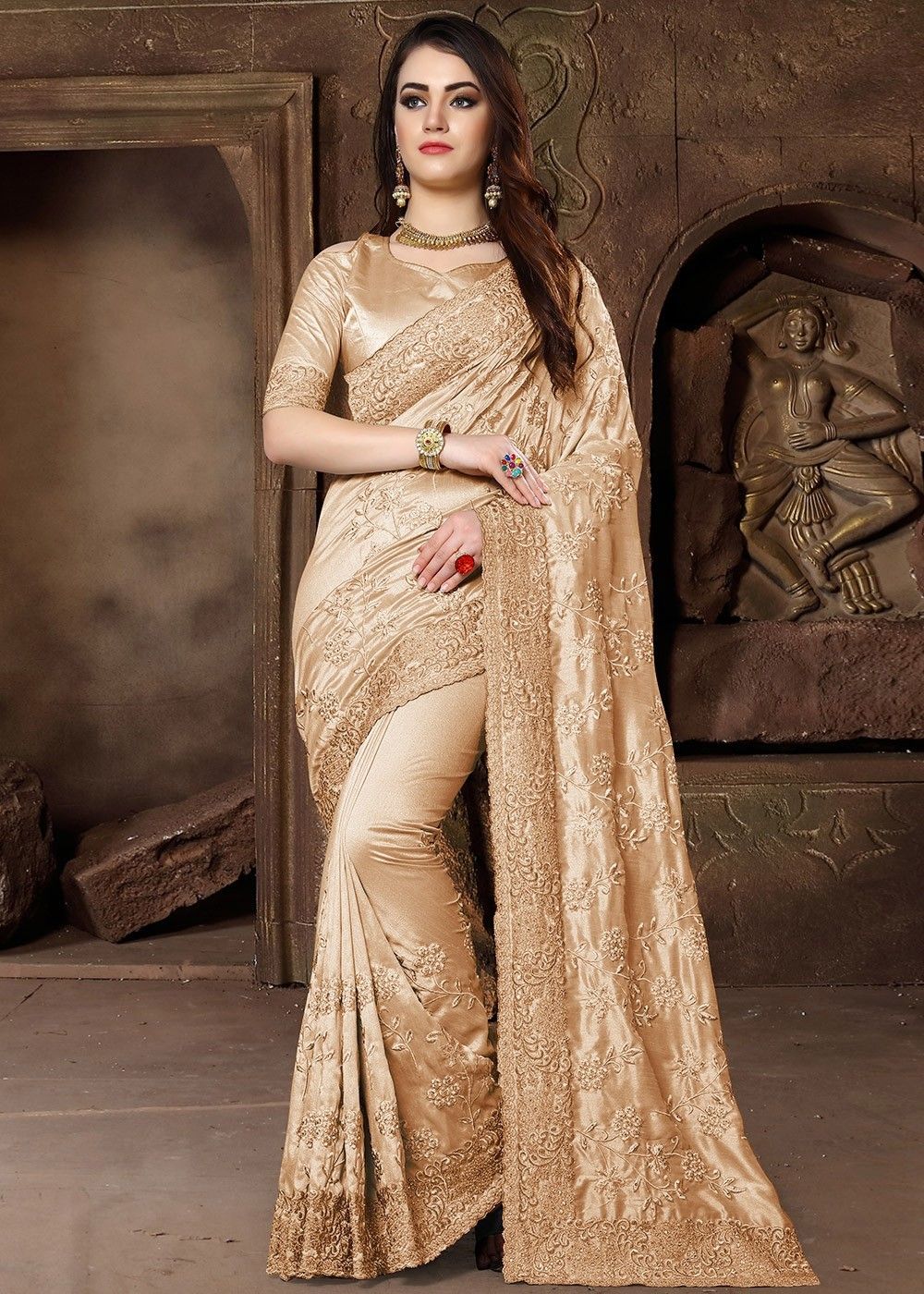 Golden Zari Embroidered Silk Wedding Saree Latest 3093SR06