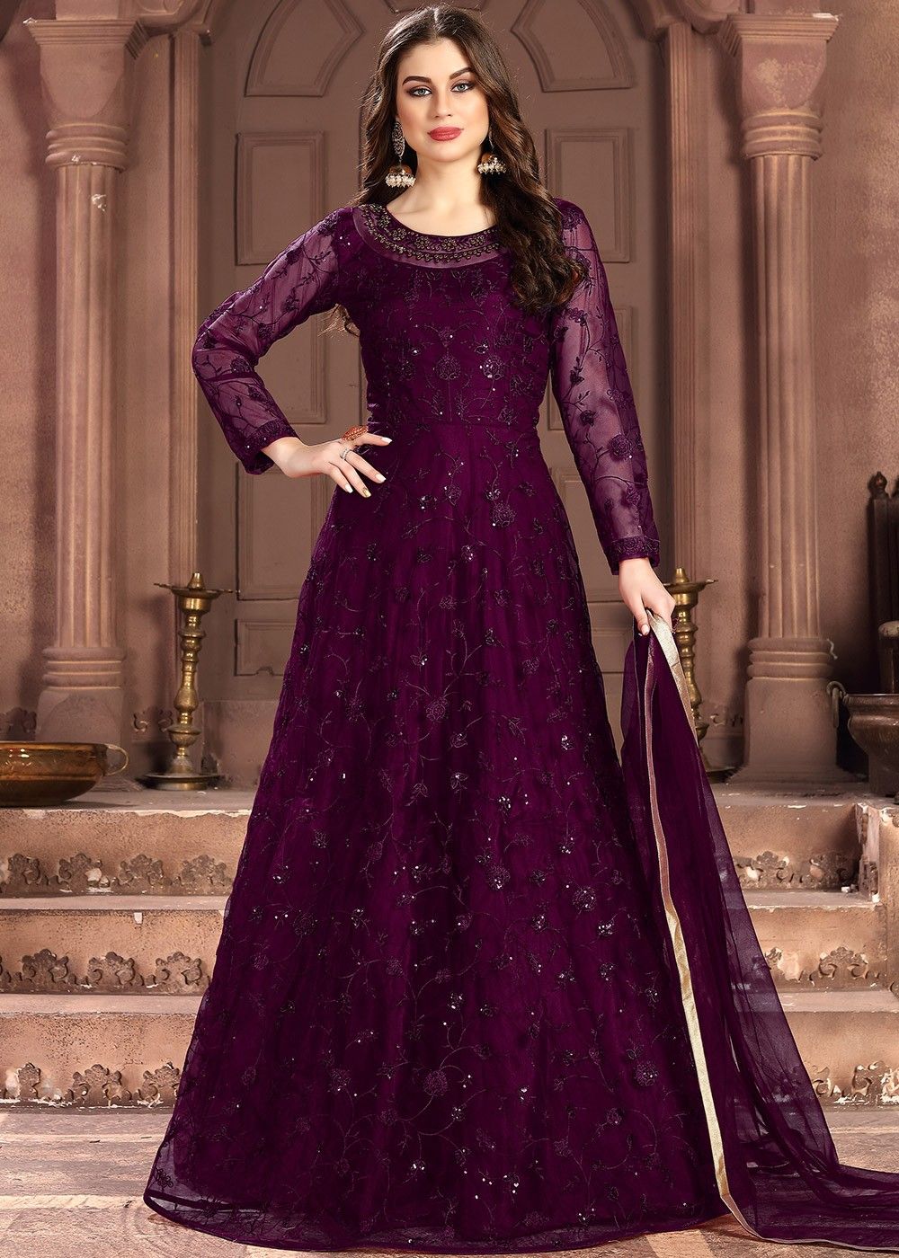 purple colour anarkali dress