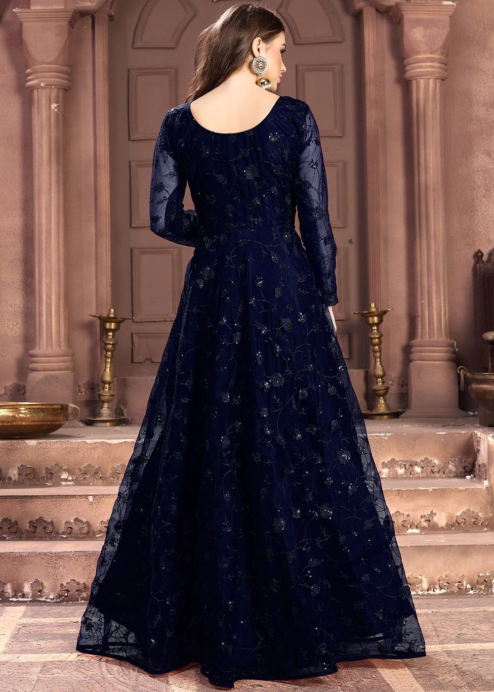 Buy Refreshing Navy Blue Color Ready Made Chine Work Georgette Dupatta Gown  Design  LehengaSaree