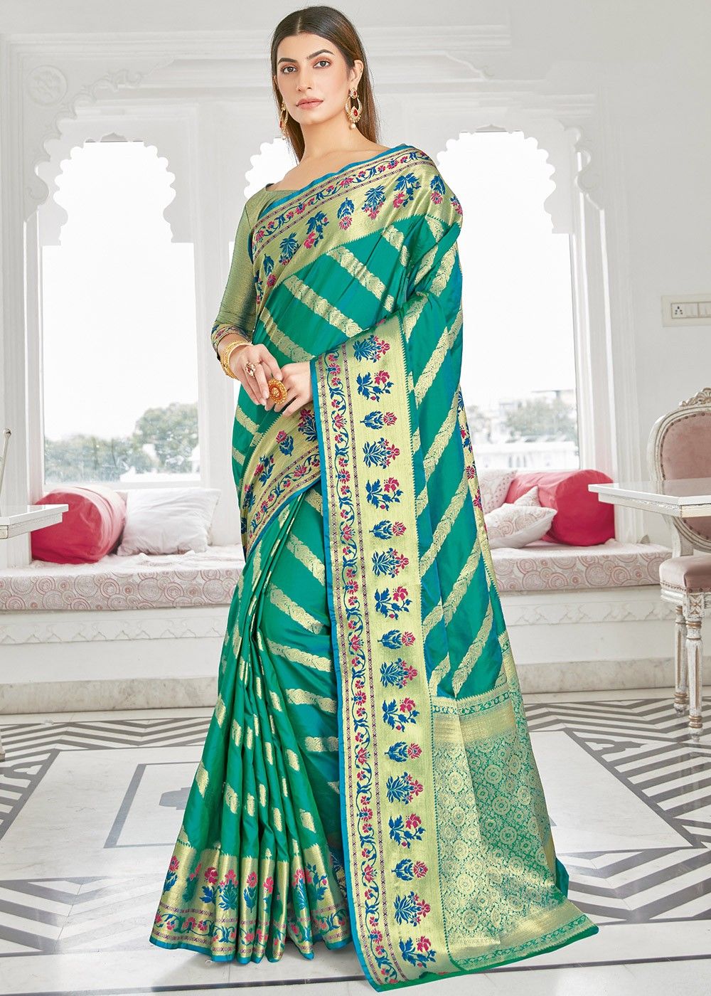 Shop Embroidered Peacock Blue Pure Banarasi Silk Saree Wedding Wear Online  at Best Price | Cbazaar