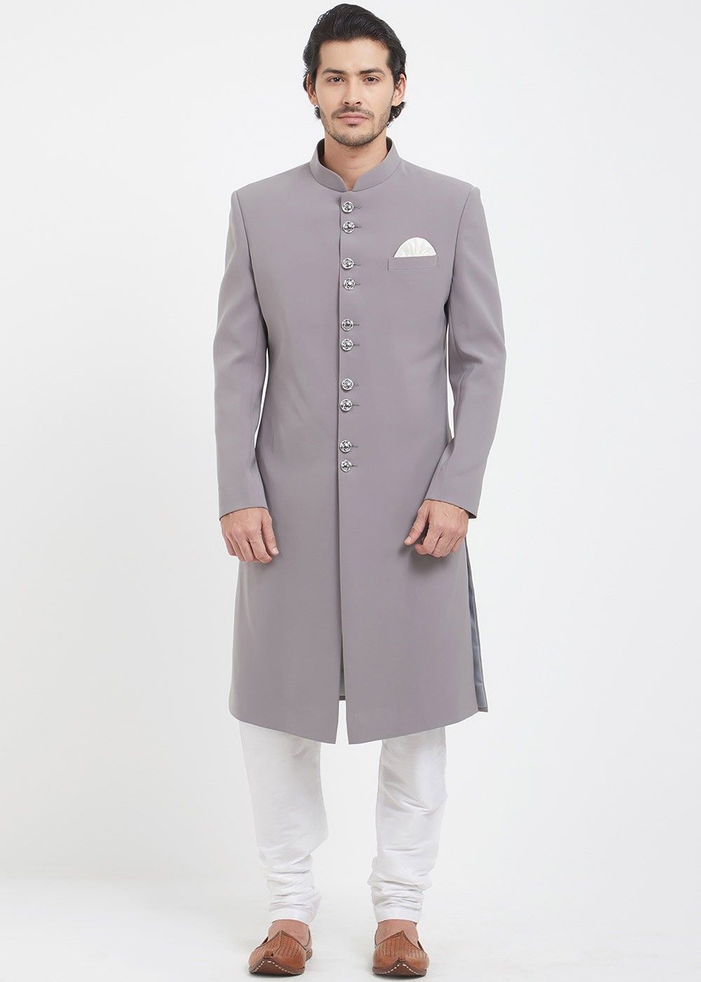 Grey Art Silk Achkan Sherwani With Churidar 309MW01