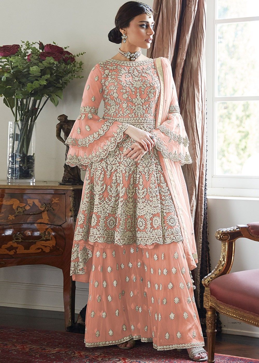 Peach Embroidered Bell Sleeved Pakistani Sharara Suit Latest 3100SL04