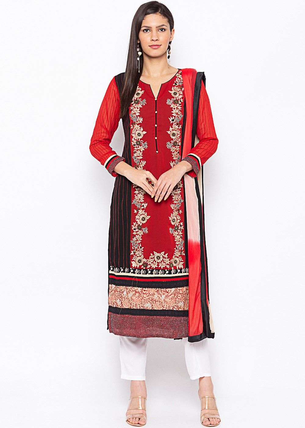 Kimisha Women's Carrot Red Crepe Printed Unstitched Salwar Suit Dress  Material - Kimisha - 3302451