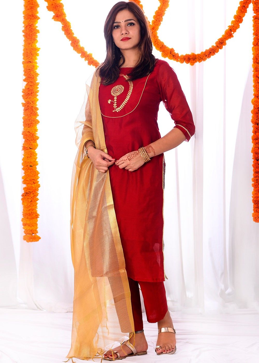Buy Yellow Chanderi Floral Printed Kurta, Pants And Dupatta Set Online - W  for Woman