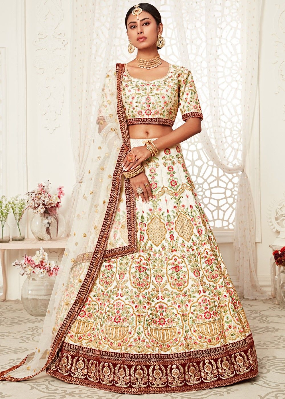 Off white and golden Brocade Lehenga | Wedding lehenga designs, Indian  wedding outfits, Stylish party dresses