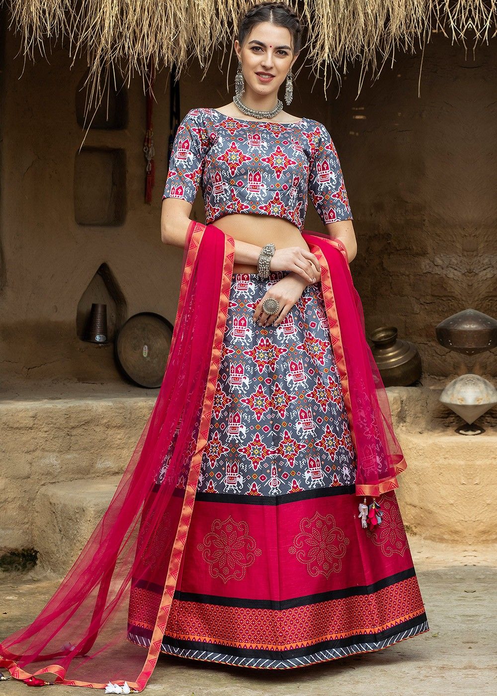 Grey Chinon Silk Lehenga With Red Sequins Blouse – Mehak Boutique