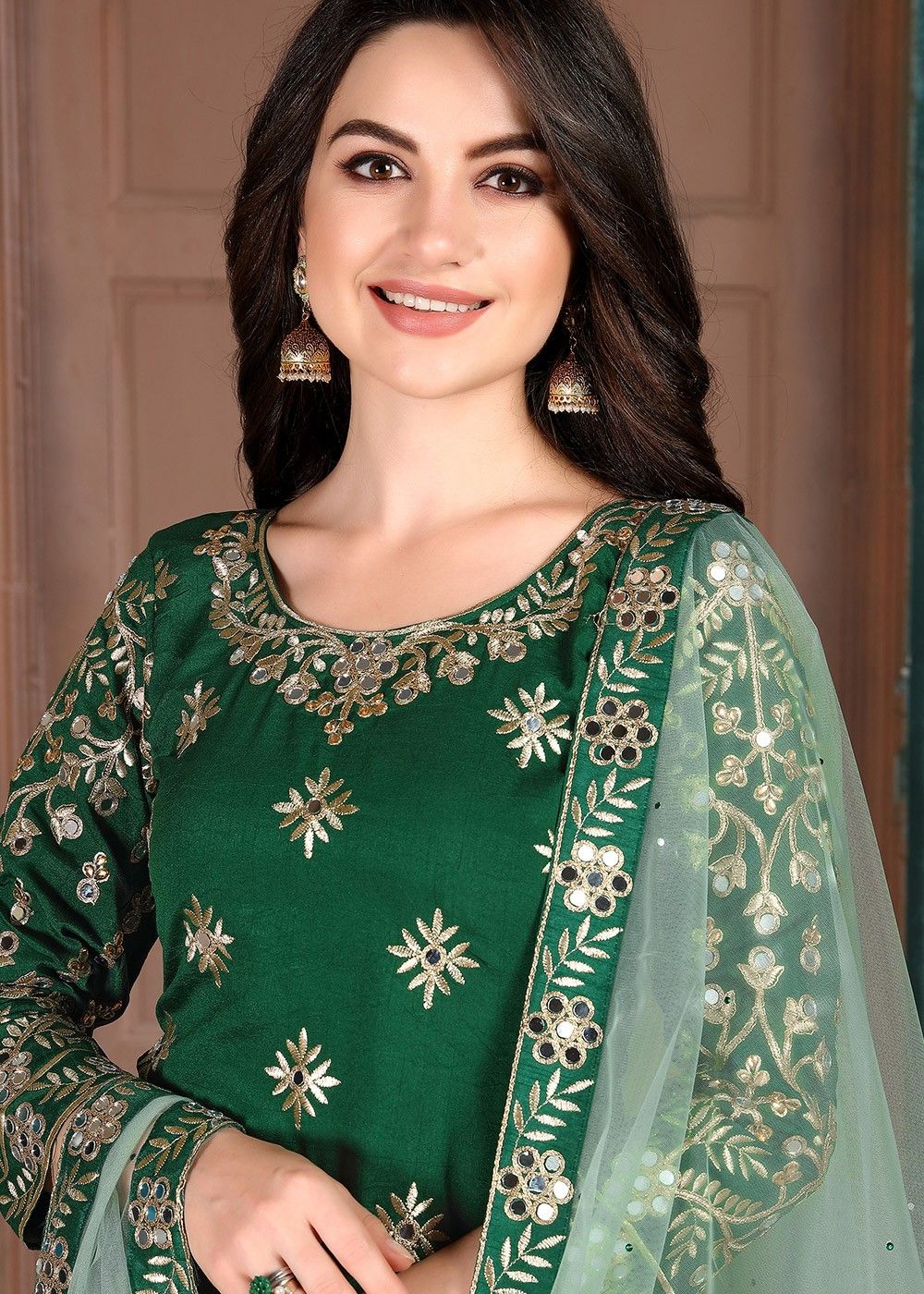 Green Art Silk Mirror Work Punjabi Salwar Suit 3307SL01