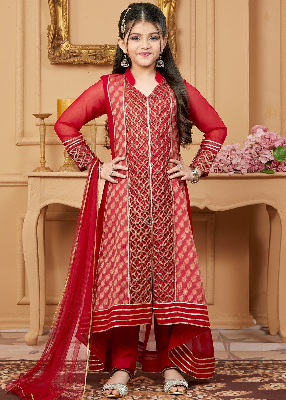 Buy Red and White Silk Fabric Layered Long Frock Suit Online