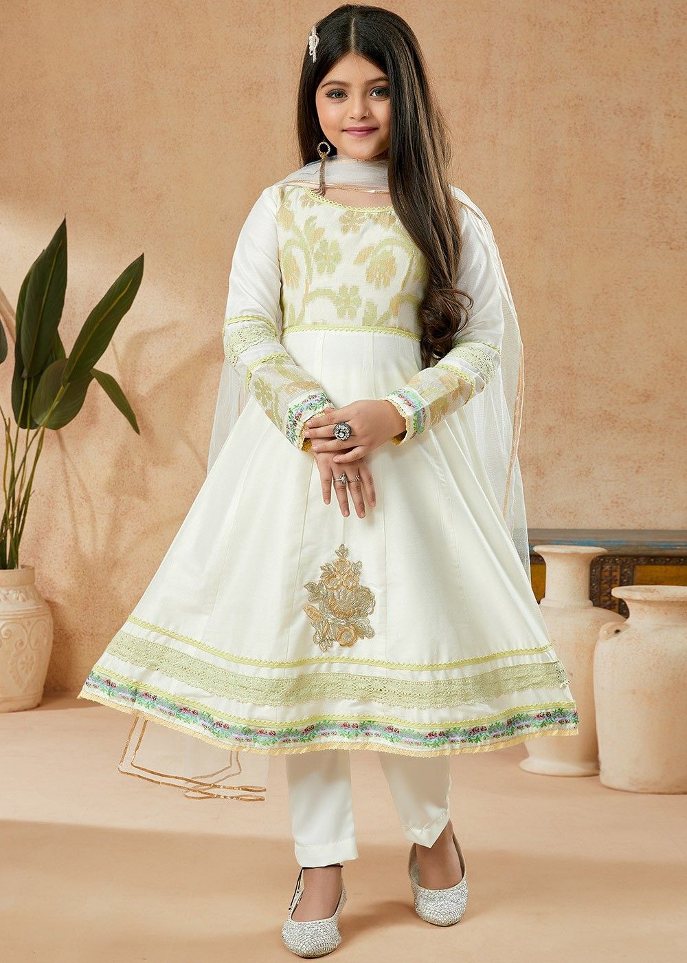 Off White Cotton Embroidered Churidar Suit