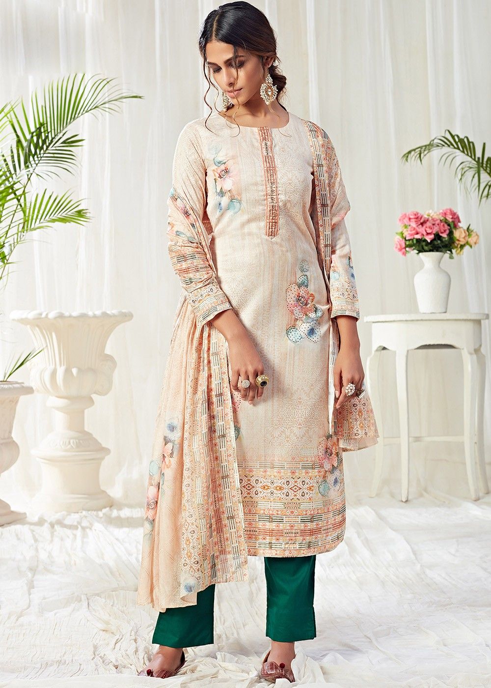 Green Chanderi Silk Pant Salwar Suit - L | Silk bottoms, Readymade salwar  kameez, Silk pants