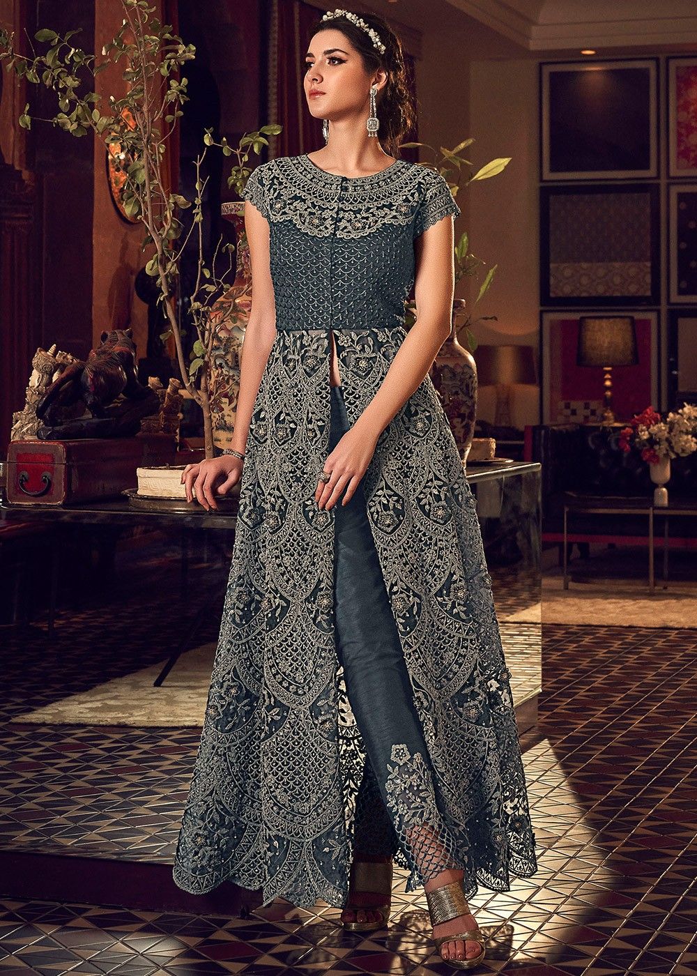 Embellished Front Slit Long Sleeve Gown – Elegant Threads