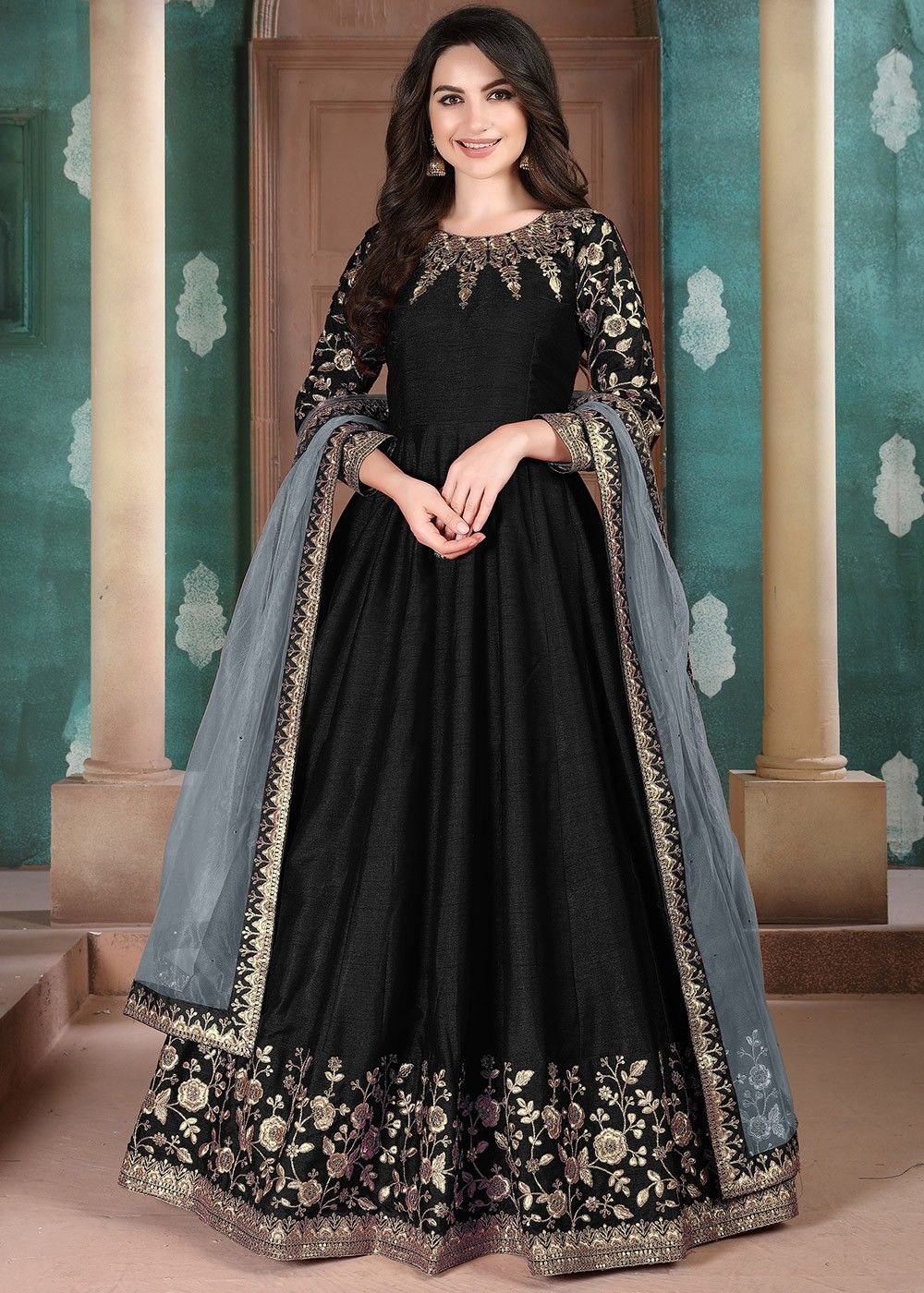 Net Embroidery Anarkali Suit In Black Colour - GK2710444
