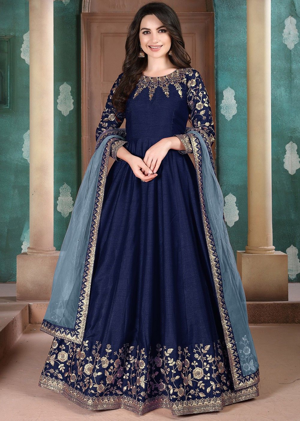 Details more than 82 blue silk anarkali gown best