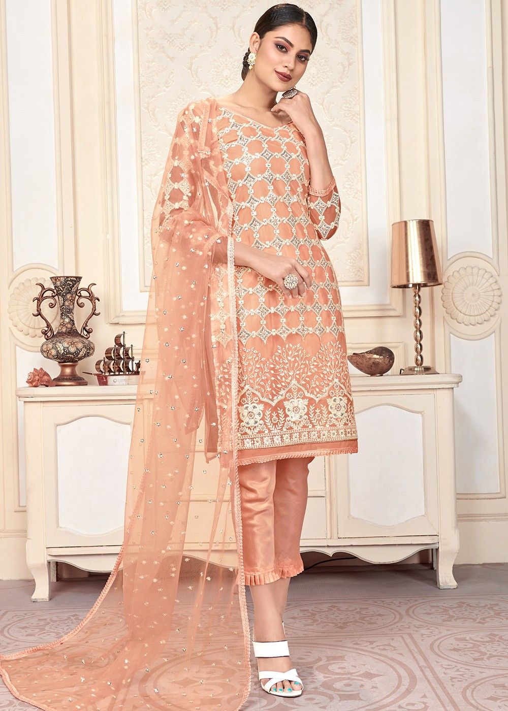 Peach Embroidered Straight Cut Pant Salwar Suit Latest 3367SL01