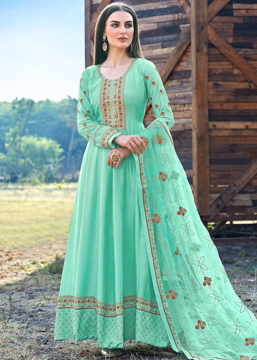 Turquoise Embroidered Anarkali Suit With Dupatta 3369SL04